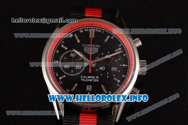 Tag Heuer Carrera Calibre 18 Chronograph Miyota Quartz Steel Case with Black Dial Stick Markers and Red/Black Nylon Strap - Red Inner Bezel - Click Image to Close